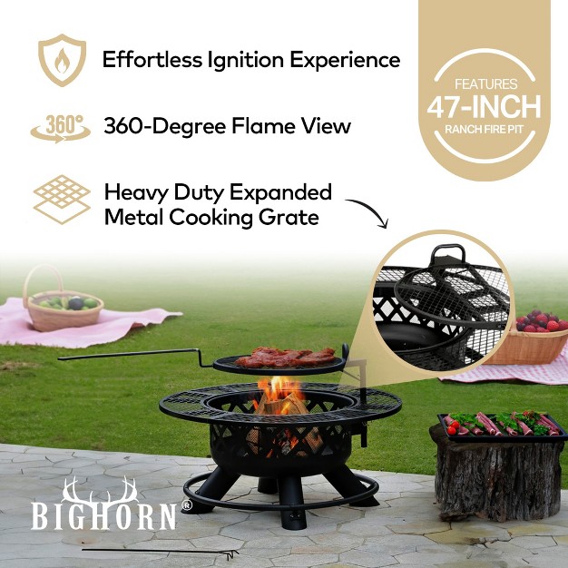 Steel Ranch Wood Burning Fire Pit Round Outdoor Fireplace With Adjustable Grill Top Safety Ring And Cooking Grate Black