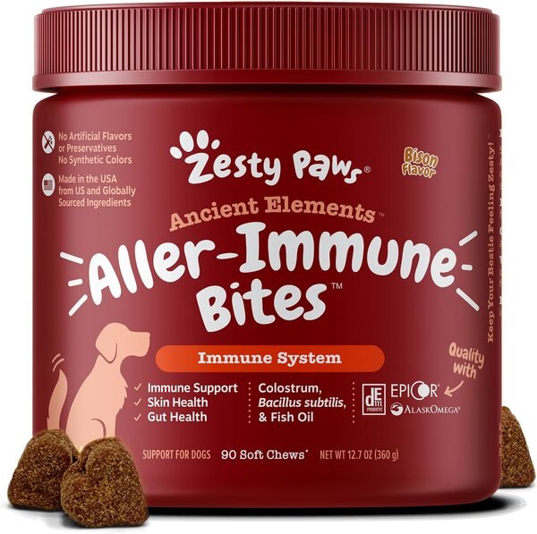 Zesty Paws Ancient Elements Aller-Immune Bites Bison Flavored Soft Chews Allergy and Immune Supplement for Dogs