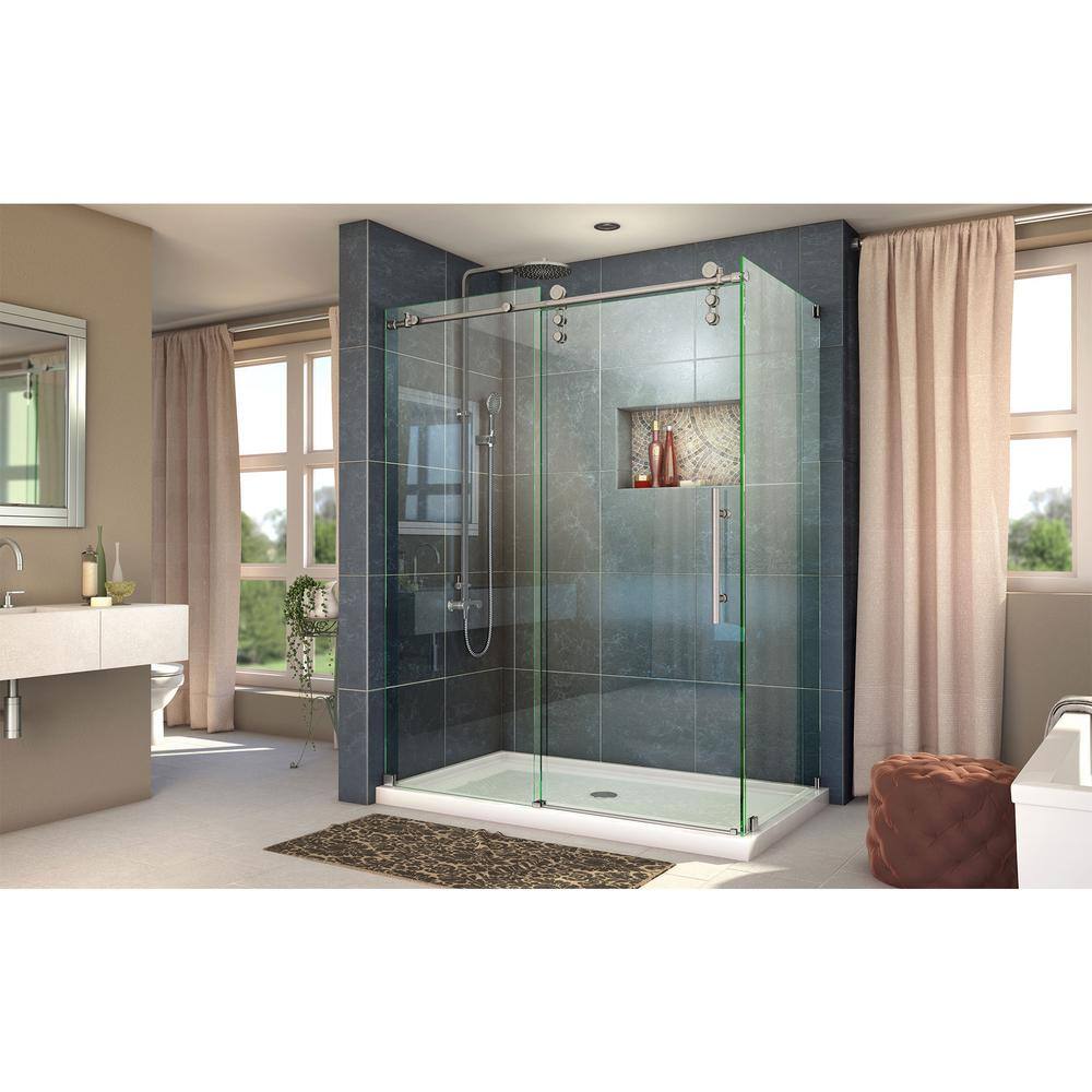 DreamLine Enigma-Z 34-12 in. D x 56-38 to 60-38 in. W x 76 in. H Frameless Corner Shower Enclosure in Brushed Stainless Steel SHEN-6234600-07