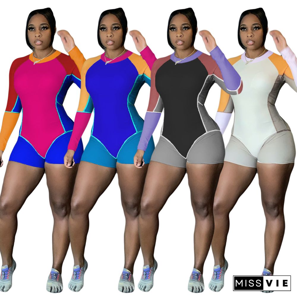 Autumn Color Block Patchwork O-Neck Long Sleeve Stretch Bodycon Sportswear Fitness Rompers