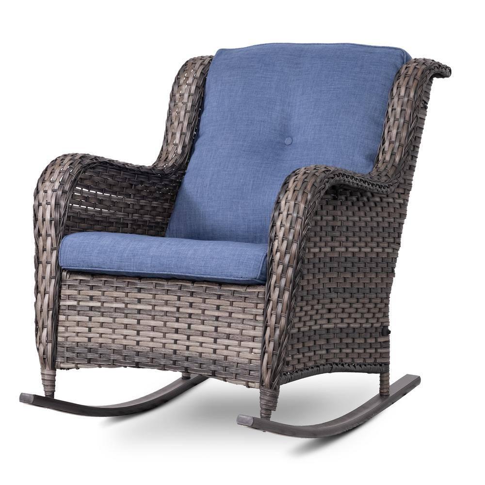 JOYSIDE Wicker Outdoor Patio Rocking Chair with Blue Cushion