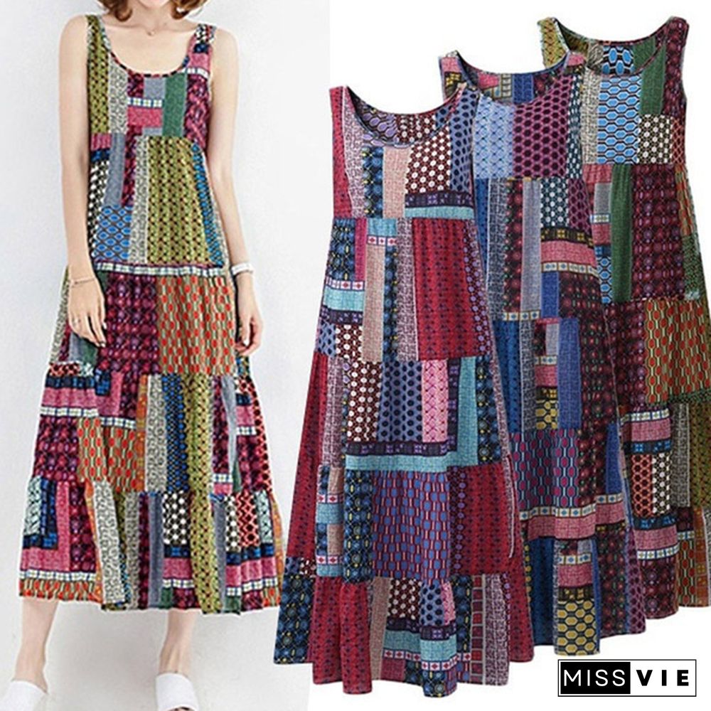 Womens Patch Print Loose Vest Dress Kaftan Sleeveless High Waist Sundress Oversized Casual Hippie Summer Trendy Fashion