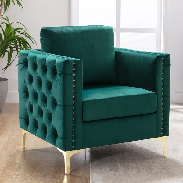 Velvet Accent Club Chair， Upholstered Tufted Button Single Sofa Chair， with Silver Metal Legs， Modern Armchair for Living Room