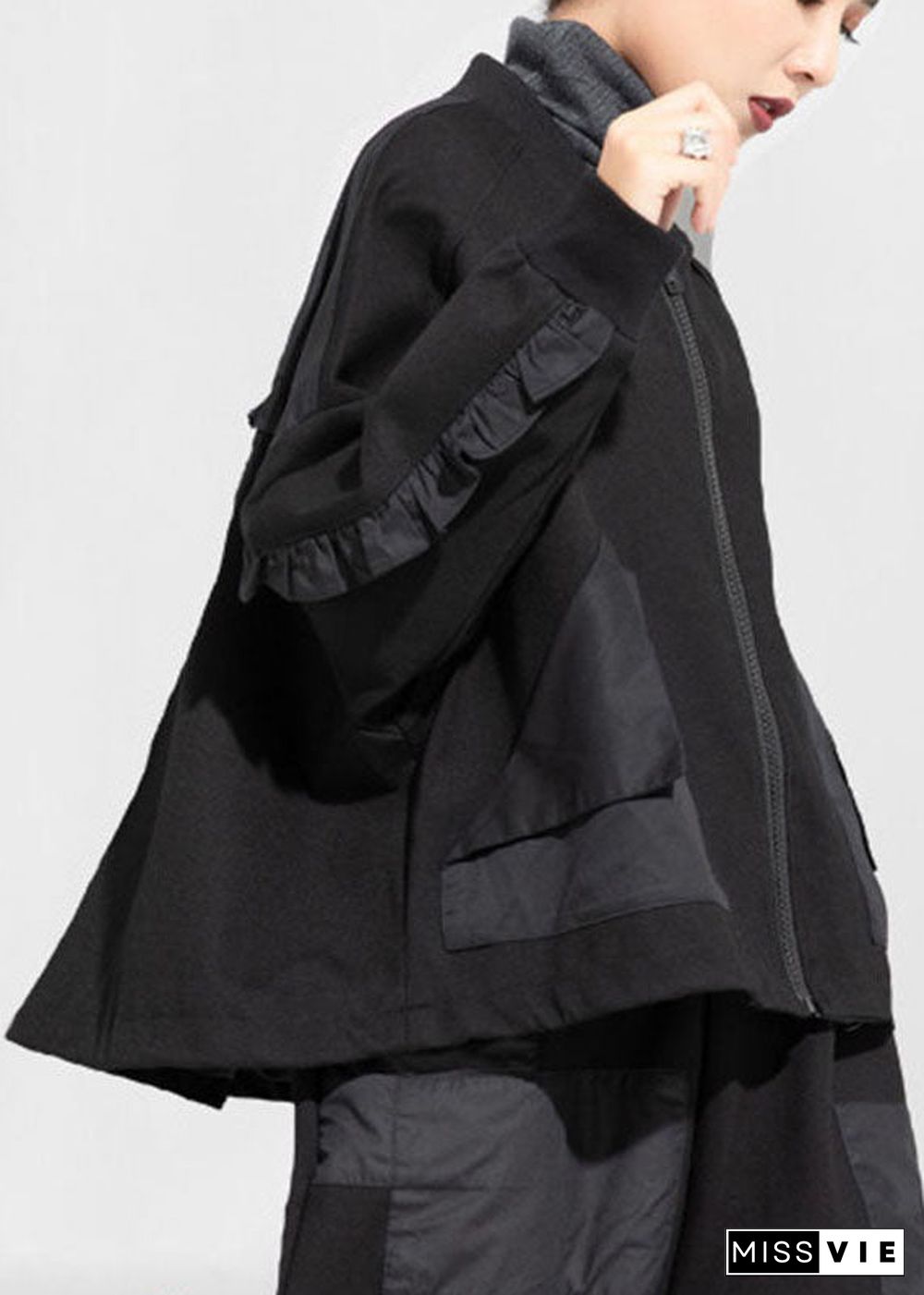 Style Black zippered Pockets Patchwork Fall Coat Long sleeve