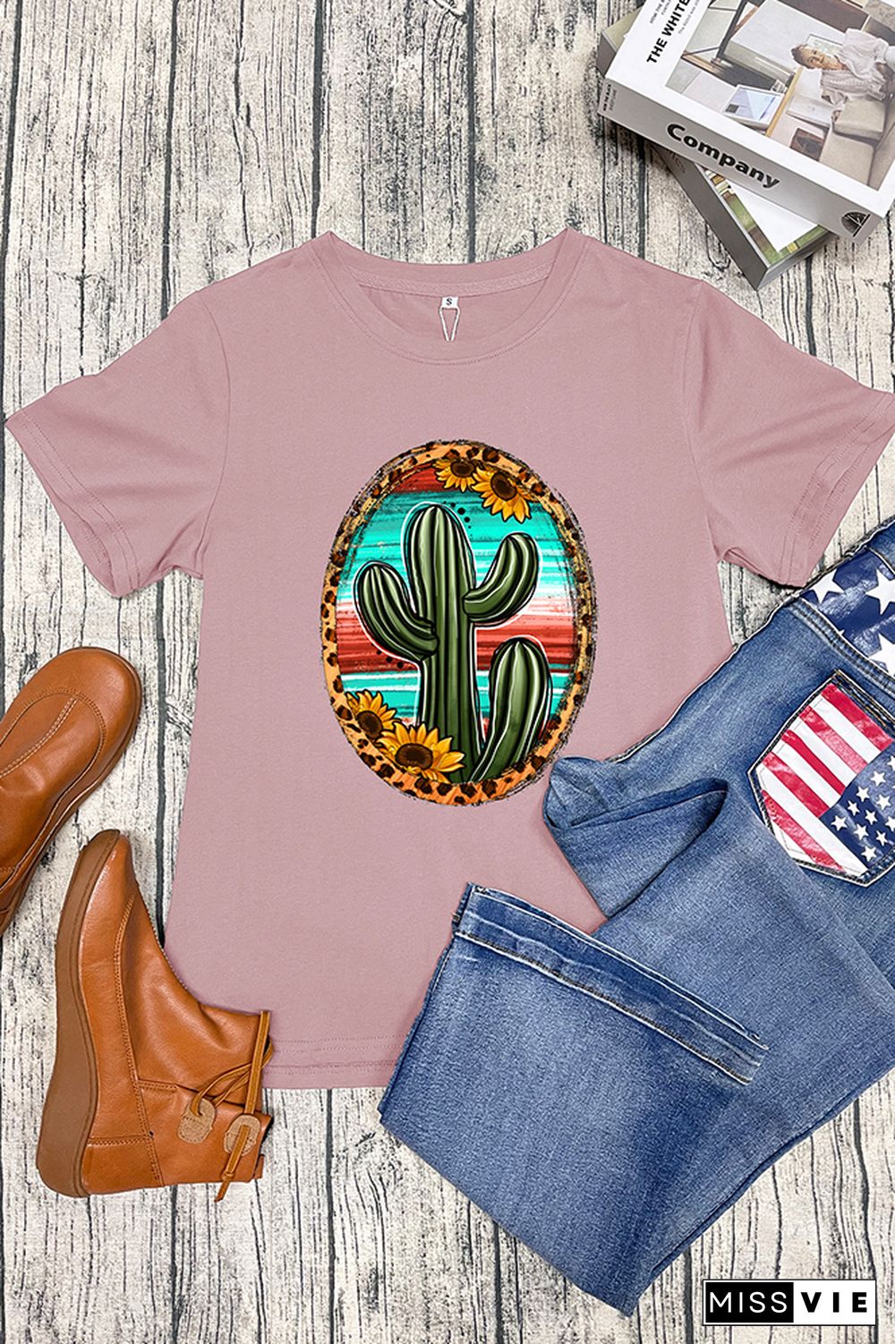 Serape And Sunflower Cactus Sleeve Graphic Tee Wholesale