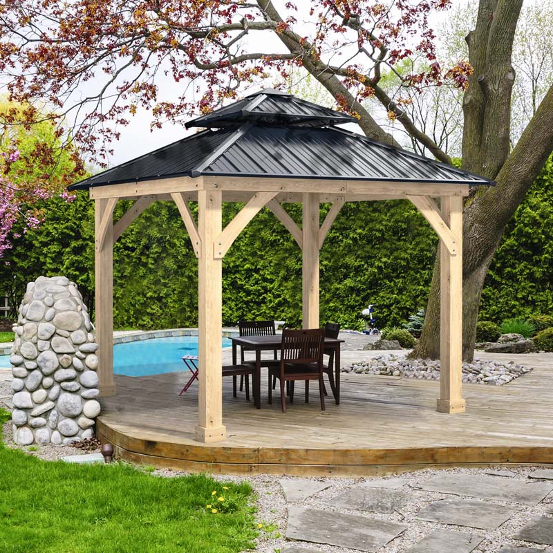 10 x 10 FT Outdoor Patio Hardtop Gazebo with Wood Frame & 2-Tier Metal Roof, All-Weather Gazebo Pergolas Shelter