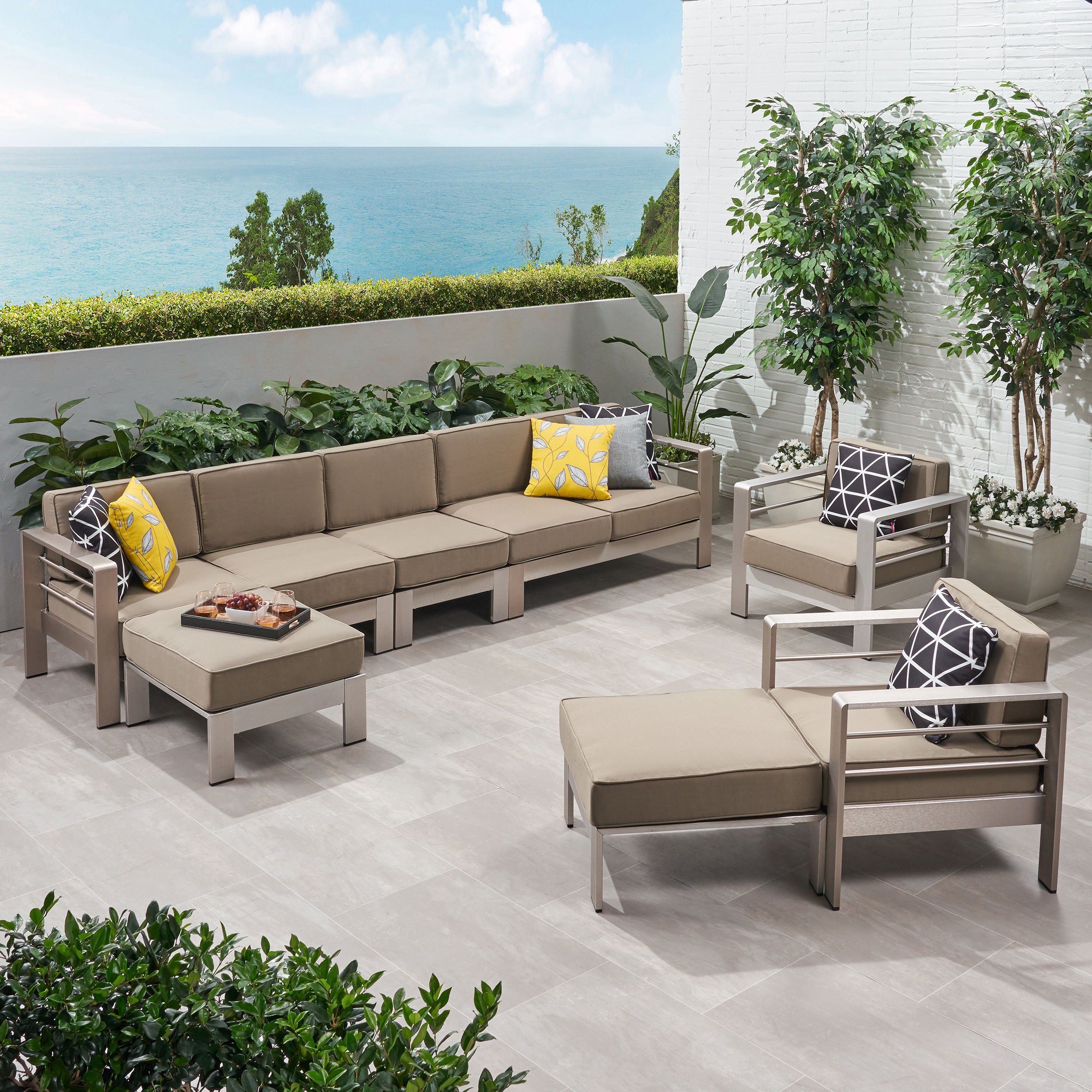 Danae Outdoor Modern 7 Seater Aluminum Chat Set with Ottomans, Silver and Khaki