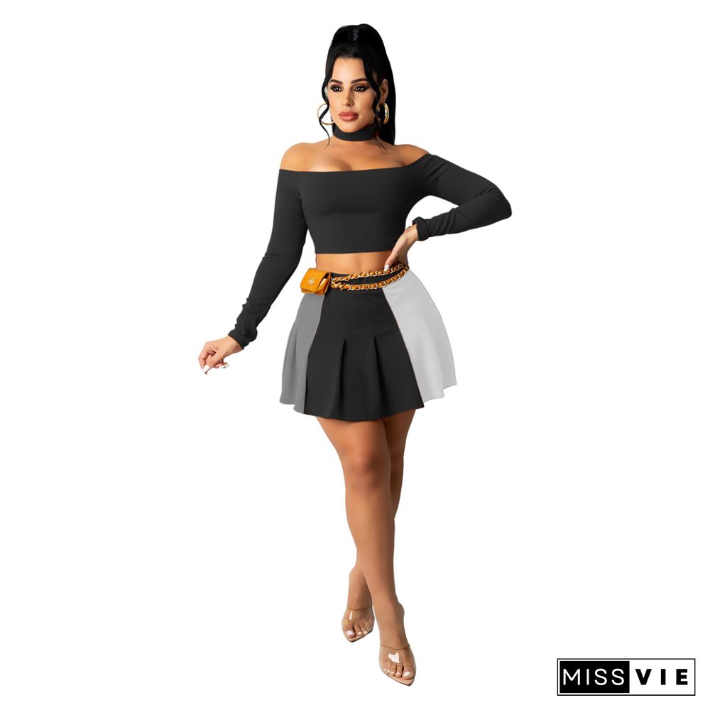 Off Shoulder Crop Top Pleated Mini Skirt Set