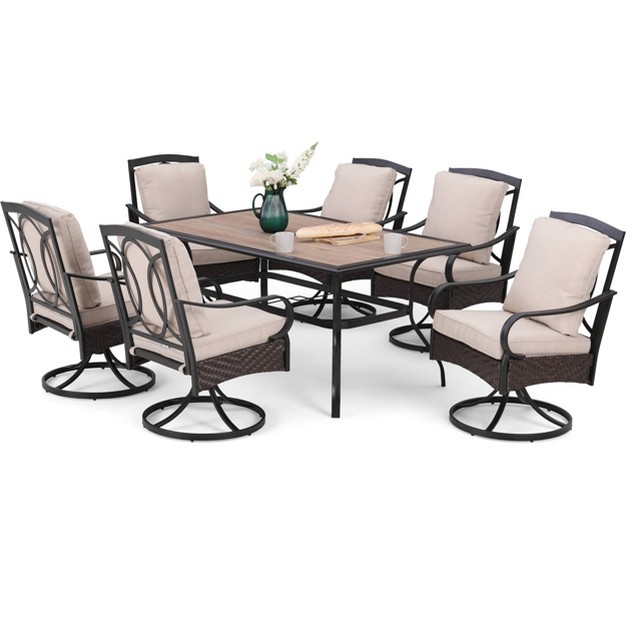 7pc Outdoor Dining Set With Swivel Chairs With Cushions amp Faux Wood Bistro Table With Umbrella Hole Captiva Designs