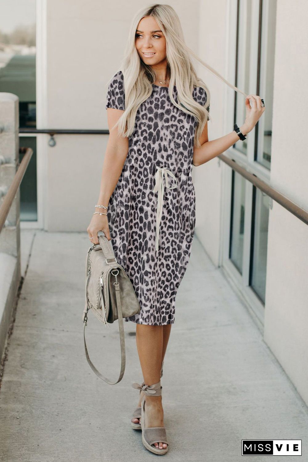 Leopard Short Sleeve Pocketed Drawstring Casual Dress