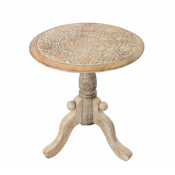 Intricately Carved Round to P Mango Wood Side End Table with Pedestal Base for Hallway， Foyer， Den， Bedroom， or Living Room