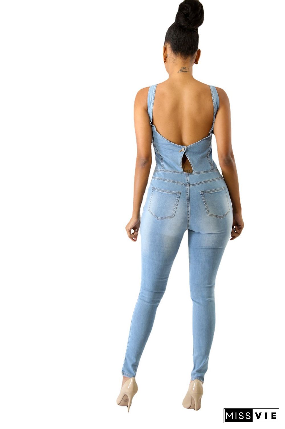 Zipper Front Sleeveless One Piece Denim Jumpsuit