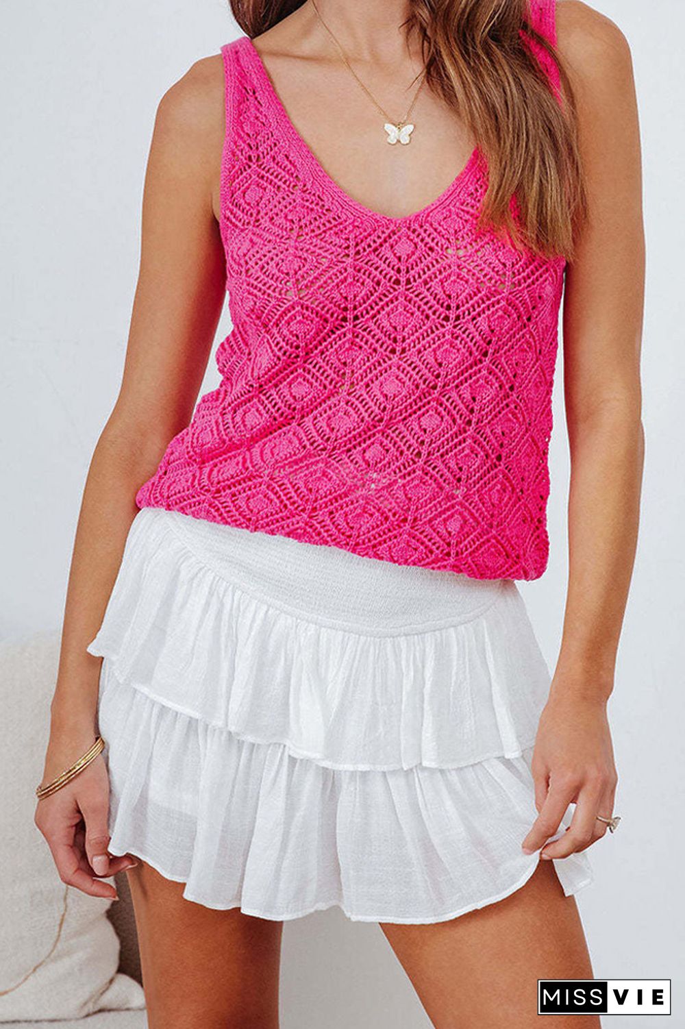 Plain V Neck Geometric Knit Tank Top