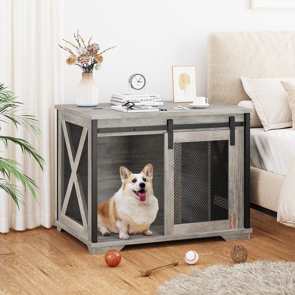 37'' Sliding Barn Door Dog Crate Furniture with Flip Top and Movable Divider， Wooden Dog Crate Table