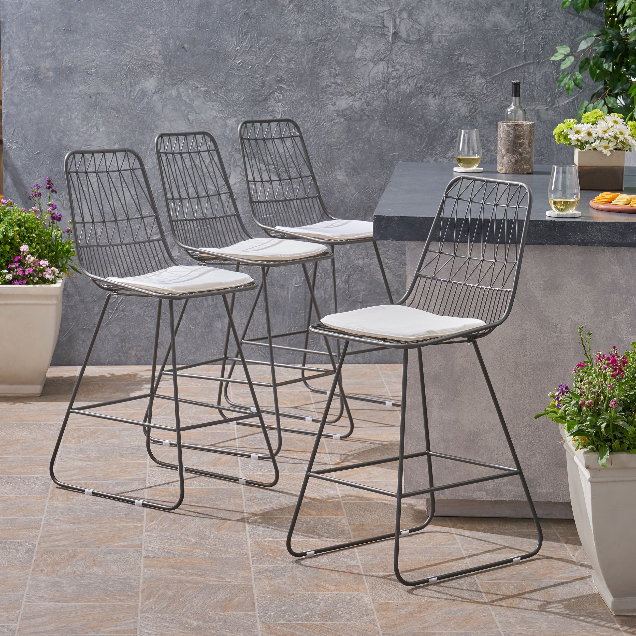 Hedy Outdoor Wire Counter Stools with Cushions (Set of 4)