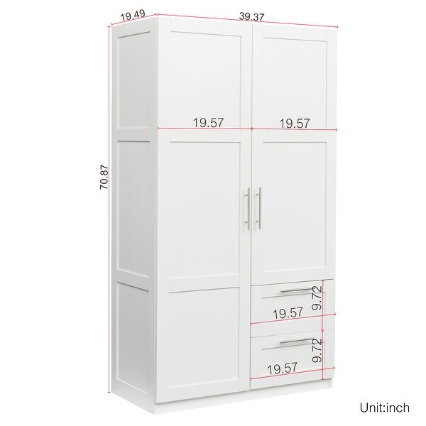 Wood High Wardrobe with 2 Drawers， 5 Storage Space and 2 Doors - - 36394606