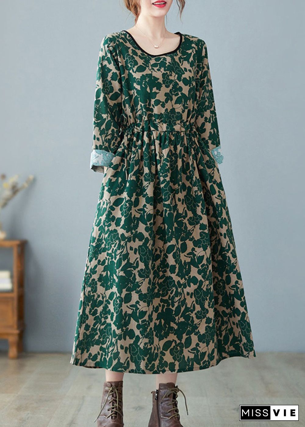 Vintage Green O-Neck Print Linen Dress Spring