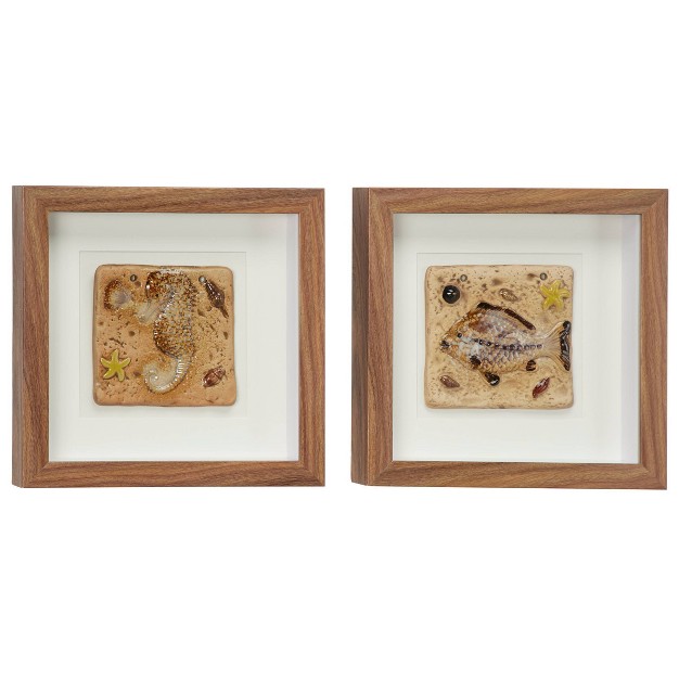 X 12 quot Coastal Style Seahorse And Fish Fossil Shadow Box Wall Decor In Square Wood Frames Olivia amp May