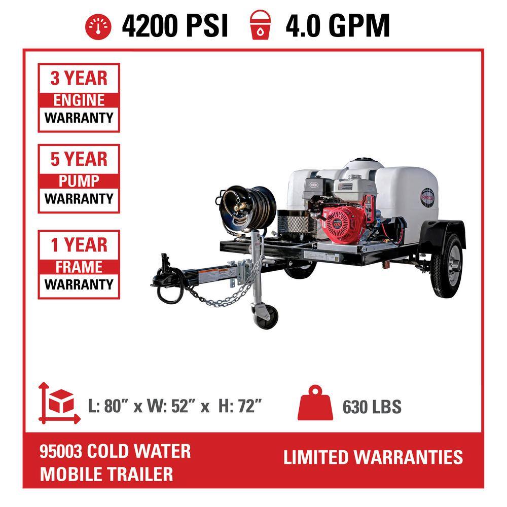 SIMPSON Mobile Trailer 4200 PSI 4.0 GPM Gas Cold Water Pressure Washer Trailer with HONDA GX390 Engine (49-State) 95003