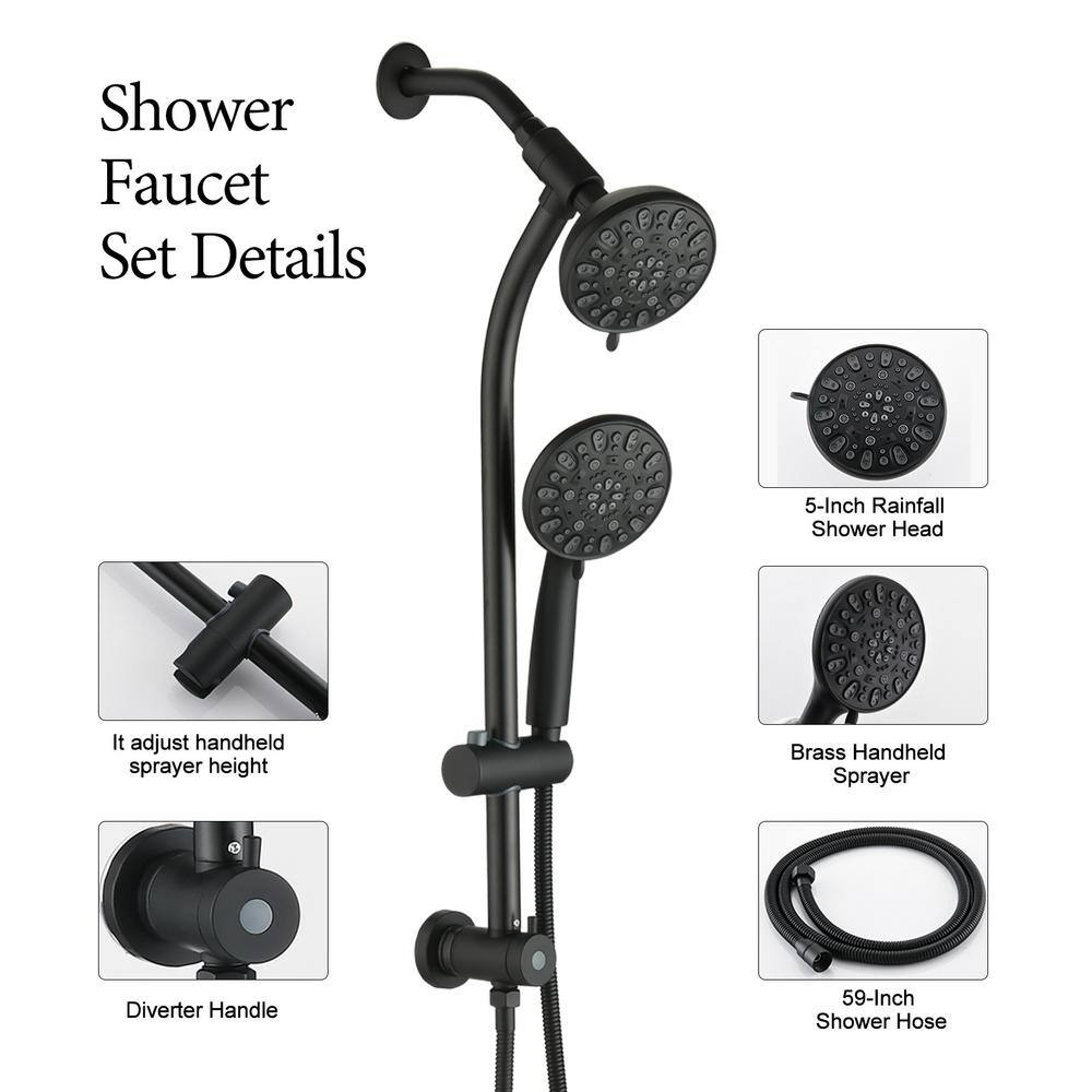 YASINU 7-Spray Patterns with 1.8 GPM 5 in. Wall Mount Round Rain Dual Shower Heads in Matte Black YNAE428MB