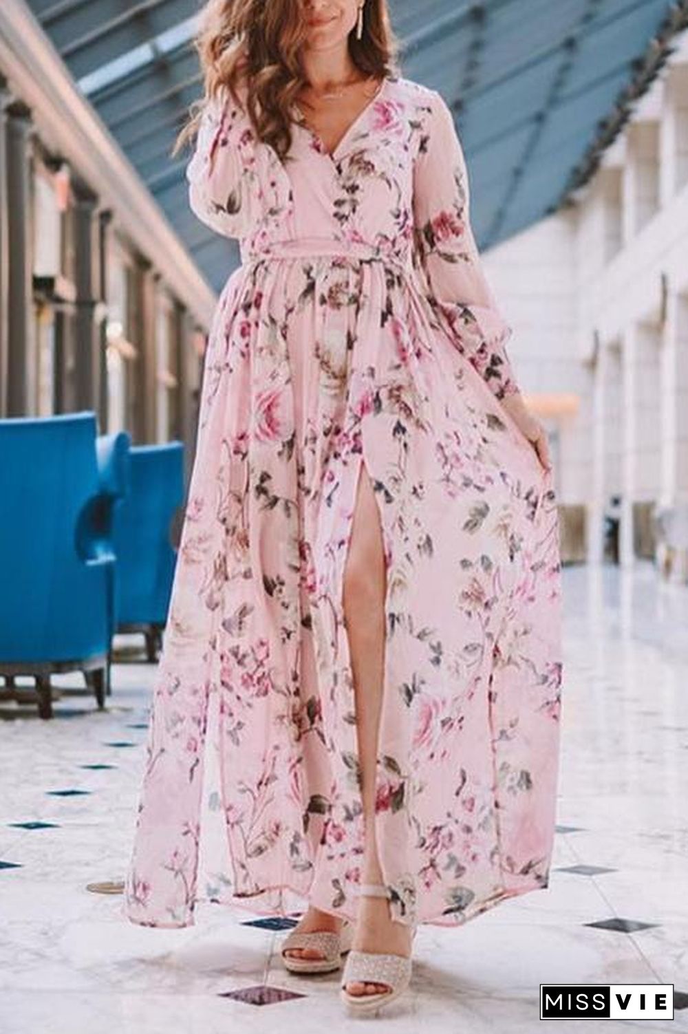 Button Puff Sleeve Belted Maxi Dress