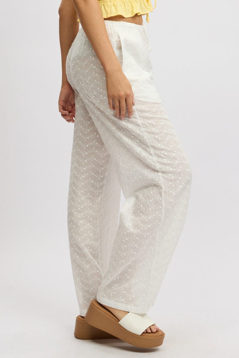 White Wide Leg Pants High Rise Eyelet Fabric