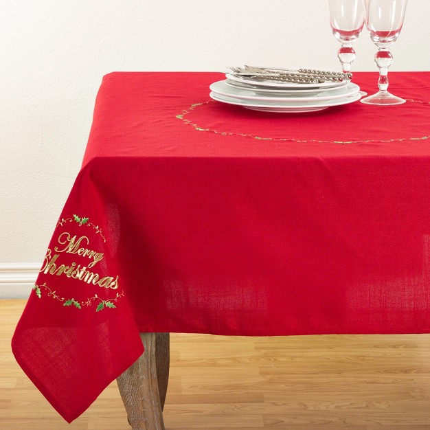 Saro Lifestyle Merry Christmas Embroidered Design Holiday Tablecloth 54 quot x54 quot Red