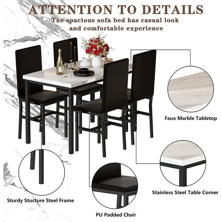 Mieres 5 Pieces Faux Marble Dining Table Set with 4 Upholstered PU Leather Chairs