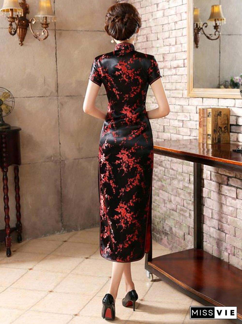 Black Red-flower Print Split-side Long Cheongsam