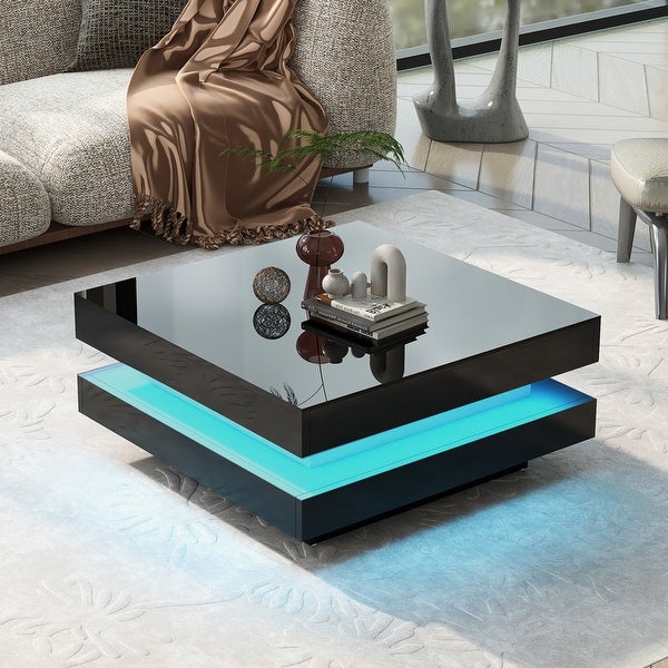 High Gloss 2-Tier Square Coffee Table with LED，31.5