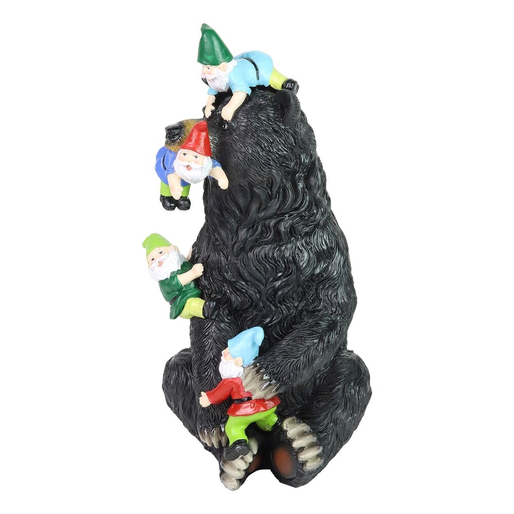 Exhart Bear Garden Statue with Gnomes  Hand Painted  UV Treated Resin  6.5 x 12 Inches