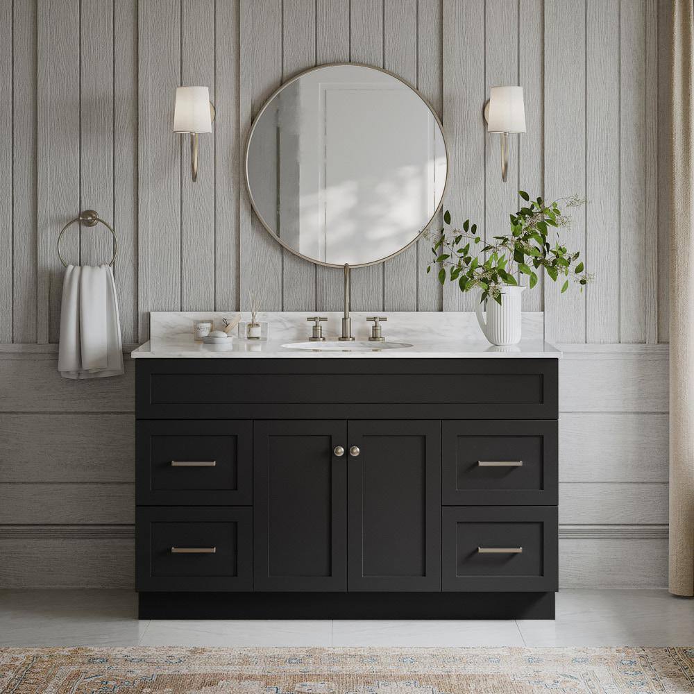 ARIEL Hamlet 55 in. W x 22 in. D x 36 in. H Bath Vanity in Black with Carrara White Marble Vanity Top with White Basin F055SCW2OVOBLK