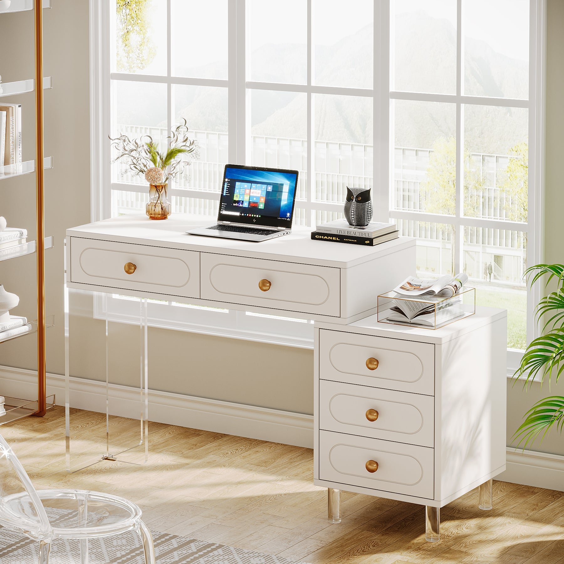 5-Drawer Computer Desk with Transparent Acrylic Base and Legs