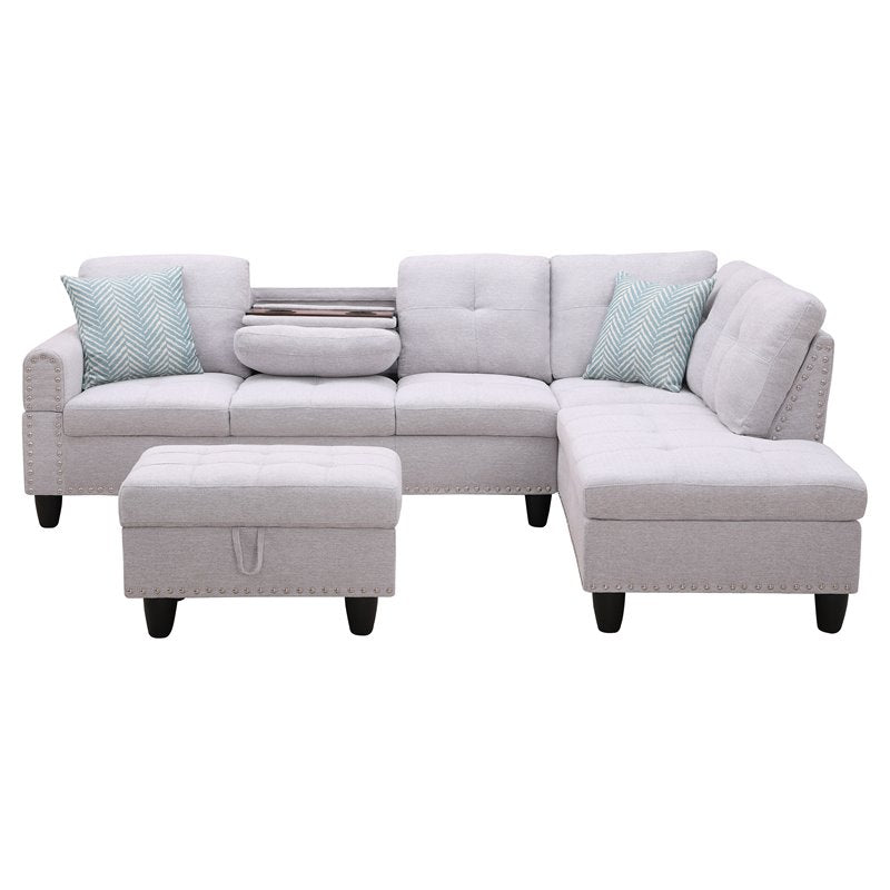 Alexent Right Hand Facing Linen Fabric Sectional Sofa with Ottoman in Ash