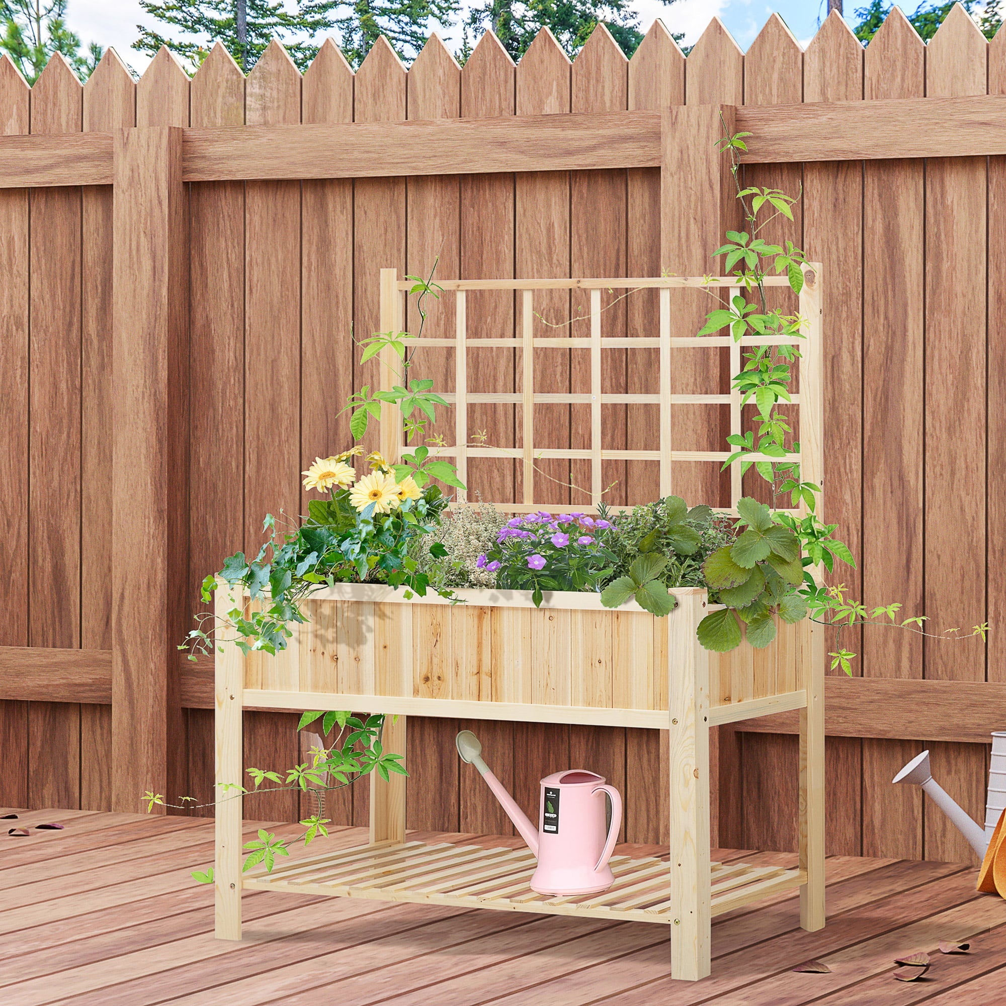 47in Wooden Raised Garden Bed with Trellis Coutryside Style Elevated Planter Box Stand with Open Storage Shelf Spacious Planting Area for Vegetables Herbs Flowers