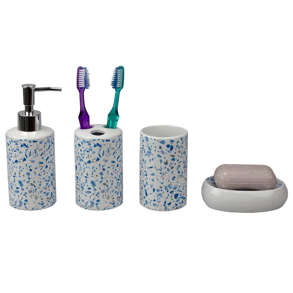 Home Basics Trendy Terrazzo 4-Piece Ceramic Bath Accessory Set in Blue HDC65630