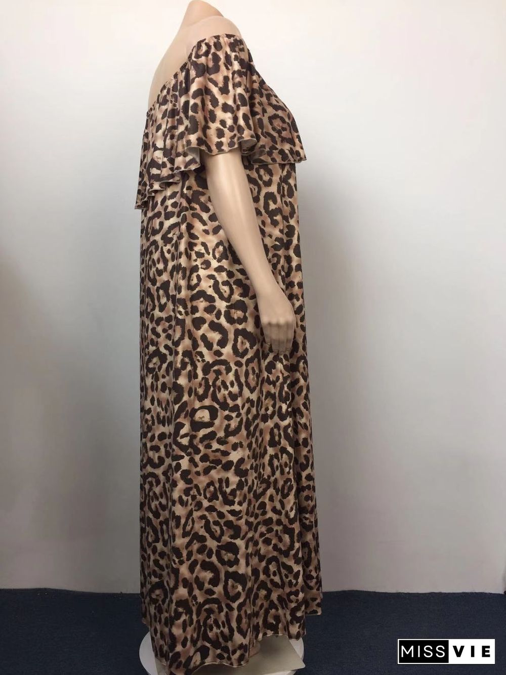 Plus Size Summer Leopard Print Off The Shoulder Short Sleeve Loose Party Club Holiday Maxi Long Dresses