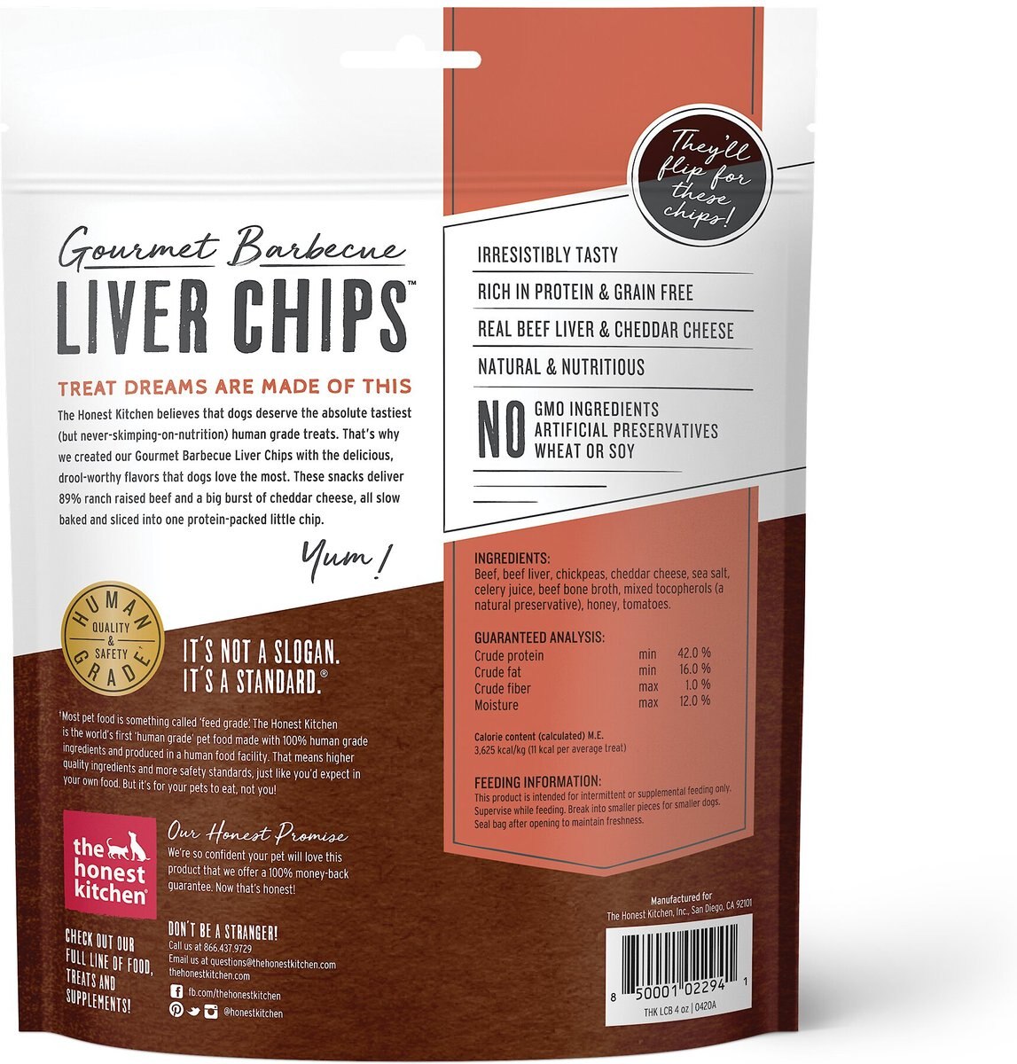 The Honest Kitchen Gourmet Barbecue Liver Chips Beef Liver and Cheddar Recipe Dog Treats， 4-oz bag