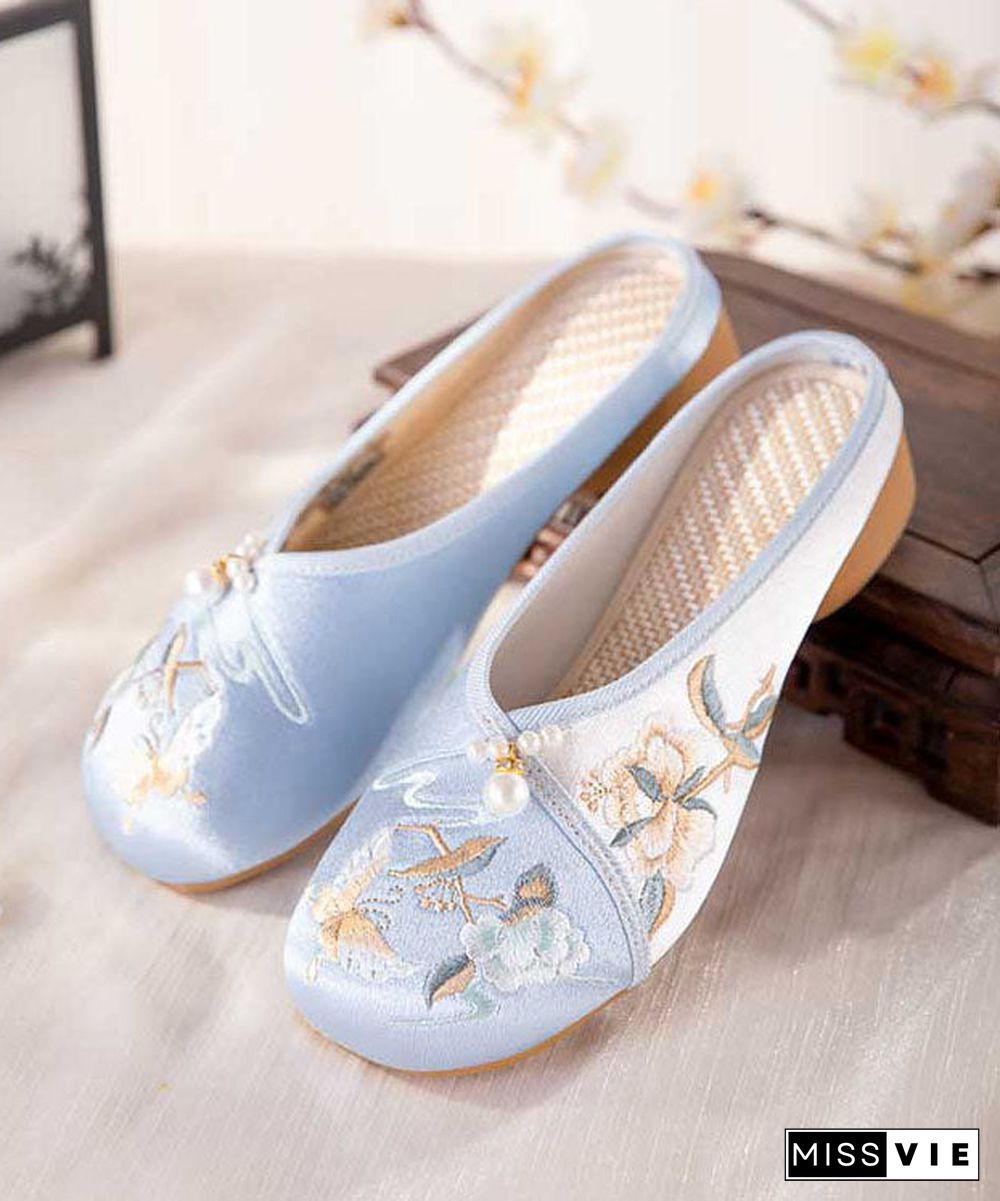 Blue Embroideried Slippers Shoes Women Splicing Cotton Fabric