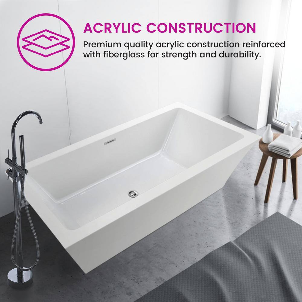 Vanity Art Strasbourg 59 in. Acrylic Flatbottom Freestanding Bathtub in White VA6817