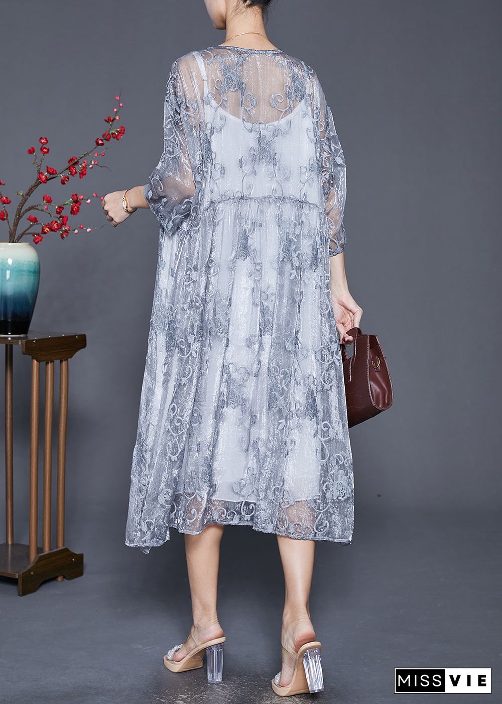 Elegant Grey Embroideried Tulle Robe Dresses Two Piece Set Summer