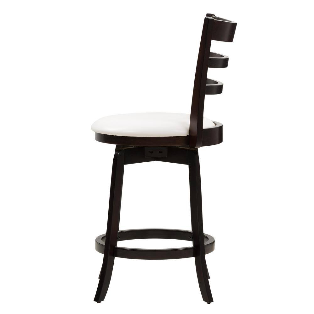 CORLIVING Woodgrove 25 in. Counter Height Wood Swivel Bar Stools with White Leatherette Seat and 3-Slat Backrest DWG-494-B