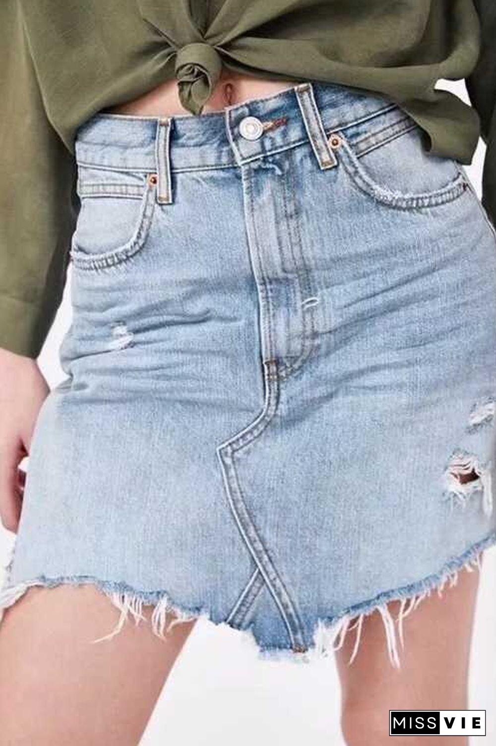 Vintage Washed Distressed Notched Light Denim Mini Skirt