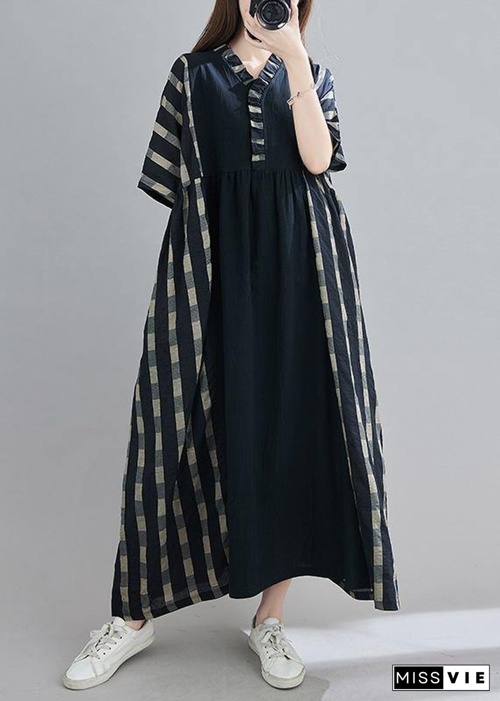 100% V Neck Patchwork Spring Clothes Sleeve Black Plaid Maxi Dress