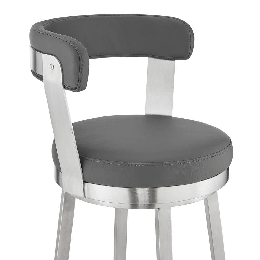 Armen Living Kobe 30 in. Bar Height Low Back Swivel Bar Stool in Brushed Stainless Steel and Grey Faux Leather 721535761814