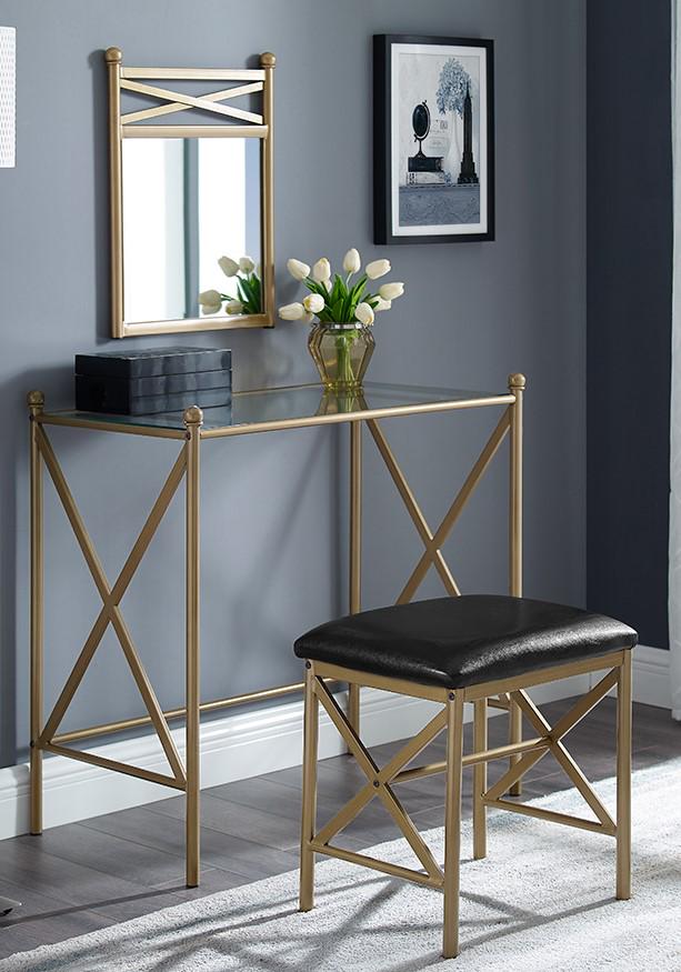 Mainstays Gold Metal Vanity with Wall Mirror and Upholstered Stool  Crowdfused