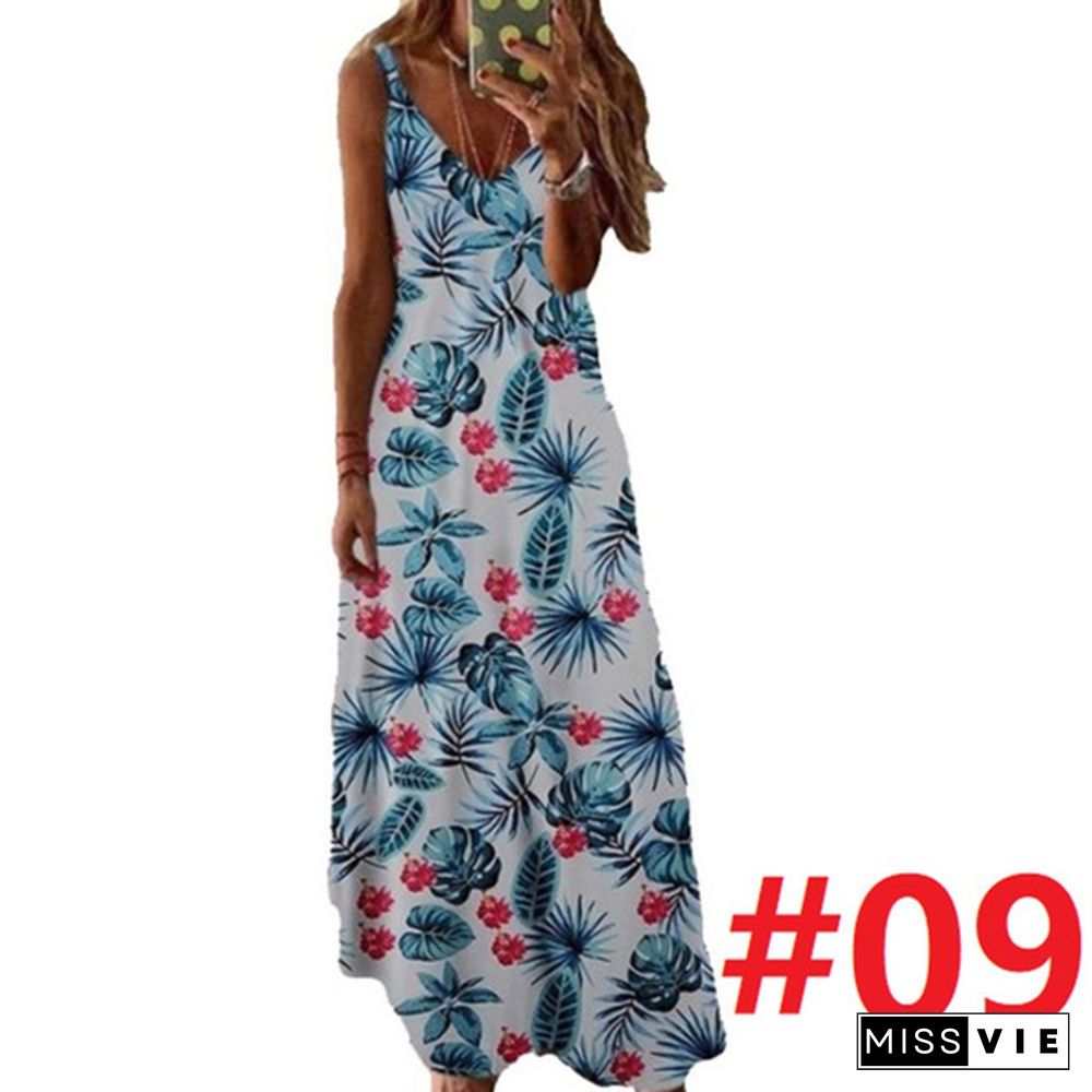 Women's Fashion Summer Sleeveless Floral Printing Sling Dress Deep V-Neck Slim Fit Big Swing Skirts Loose Casual Long Maxi Dresses Ladies Plus Size Party Dresses