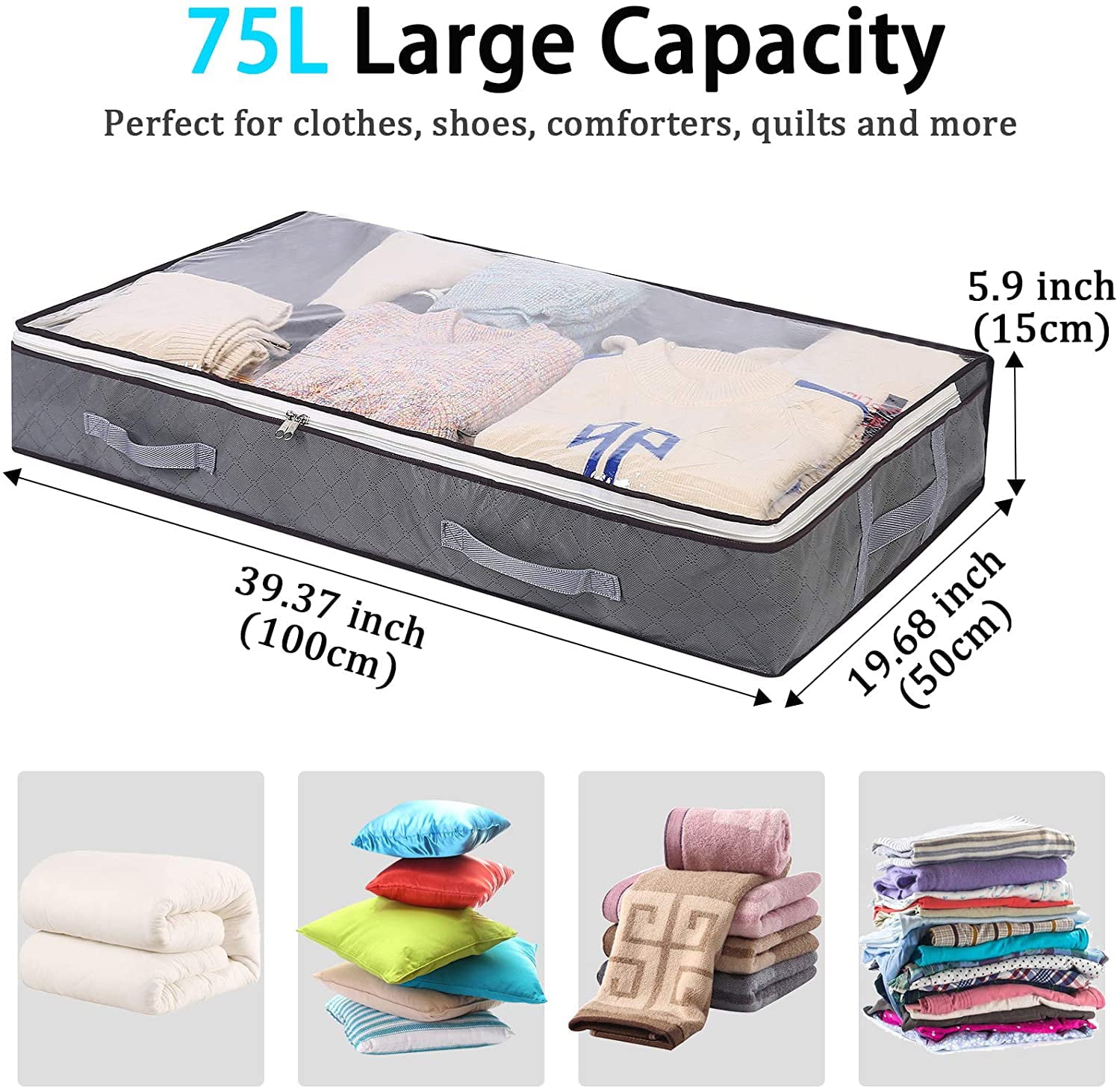 75L Under bed Storage Bags Organizer， 3Pcs Closet Storage Organizers， Foldable Under the Bed Storage Bin