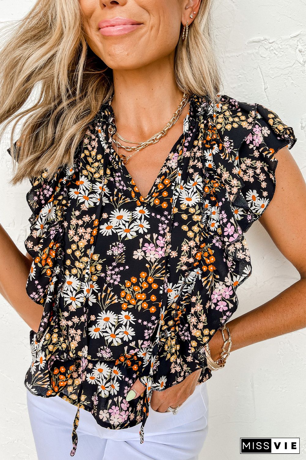 Black Floral Print Ruffle Drawstring V Neck Blouse