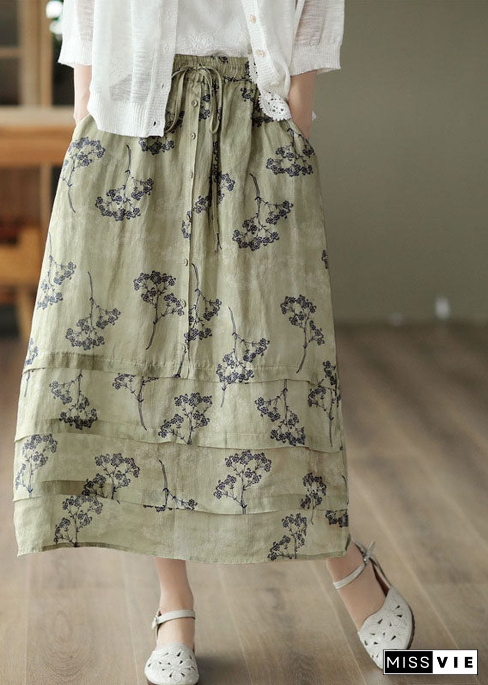 Plus Size Light Green High Waist Patchwork Print Linen Skirt Summer